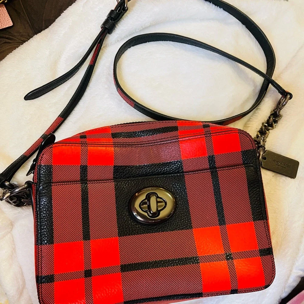 Coach Vibrant Red and Black Plaid Crossbody Bag - Picture 1 of 5